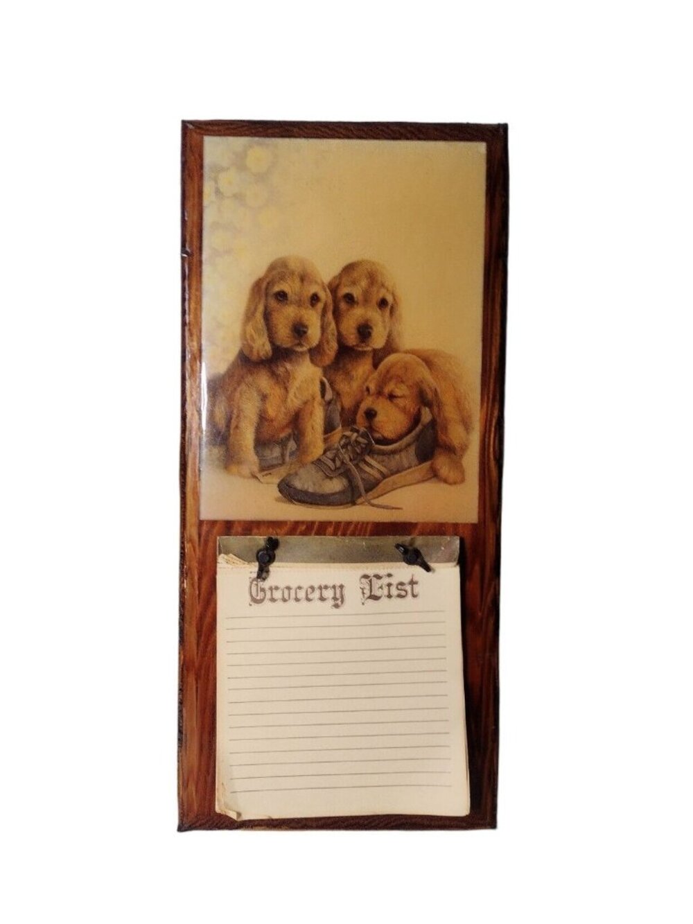 Vintage Wood Lacquered Puppy Dog Grocery List Wall Decor Decoupage Retro